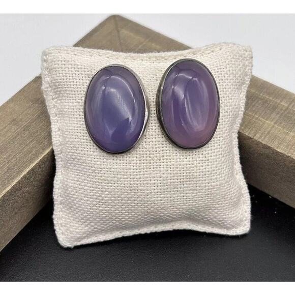Phosphosiderite Or Amethyst Earrings Sterling Silver Signed Oval Stud Vintage - Picture 2 of 13